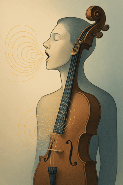 Der Oberkörper eines Menschen verwandelt sich künstlerisch in ein Streichinstrument (z. B. Cello oder Geige), der Hals in den Instrumentenhals, während Klangwellen oder Vibrationen sich spiralförmig ausbreiten.