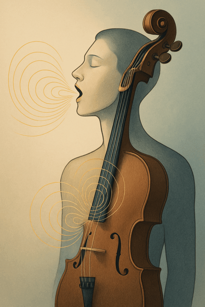 Der Oberkörper eines Menschen verwandelt sich künstlerisch in ein Streichinstrument (z. B. Cello oder Geige), der Hals in den Instrumentenhals, während Klangwellen oder Vibrationen sich spiralförmig ausbreiten.