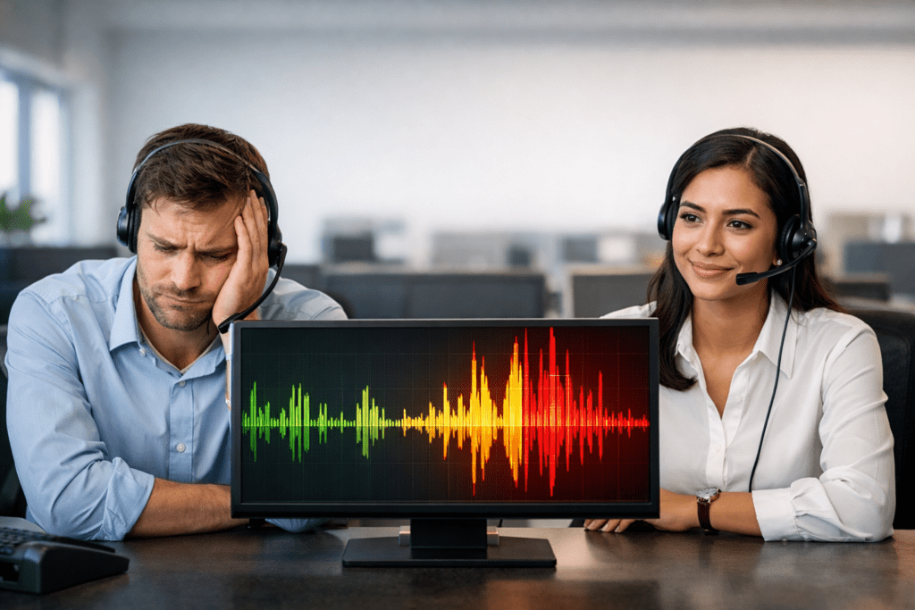 Zwei Mitarbeitende sitzen nebeneinander im Callcenter, beide mit Headsets. Einer wirkt sichtlich gestresst und defensiv (z. B. angespannte Körperhaltung, hochgezogene Schultern), während der andere ruhig, aufrecht und gesammelt wirkt. Auf einem Bildschirm sind die Gesprächswellen eines Kundenanrufs zu sehen – visuelle Darstellung des akustischen Unterschieds. Kernwirkung: Gleiche Situation – zwei Haltungen. Der ruhige Umgang wirkt professioneller und sicherer.