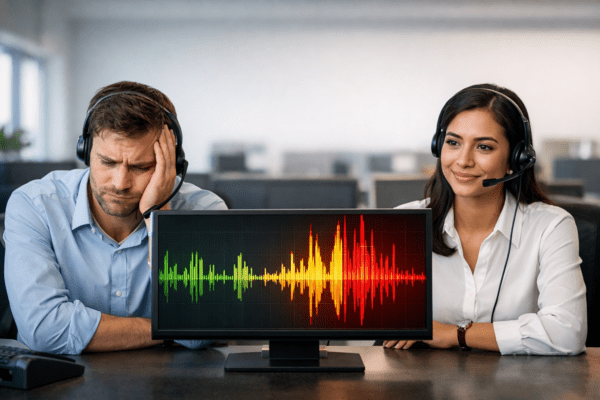 Zwei Mitarbeitende sitzen nebeneinander im Callcenter, beide mit Headsets. Einer wirkt sichtlich gestresst und defensiv (z. B. angespannte Körperhaltung, hochgezogene Schultern), während der andere ruhig, aufrecht und gesammelt wirkt. Auf einem Bildschirm sind die Gesprächswellen eines Kundenanrufs zu sehen – visuelle Darstellung des akustischen Unterschieds. Kernwirkung: Gleiche Situation – zwei Haltungen. Der ruhige Umgang wirkt professioneller und sicherer.