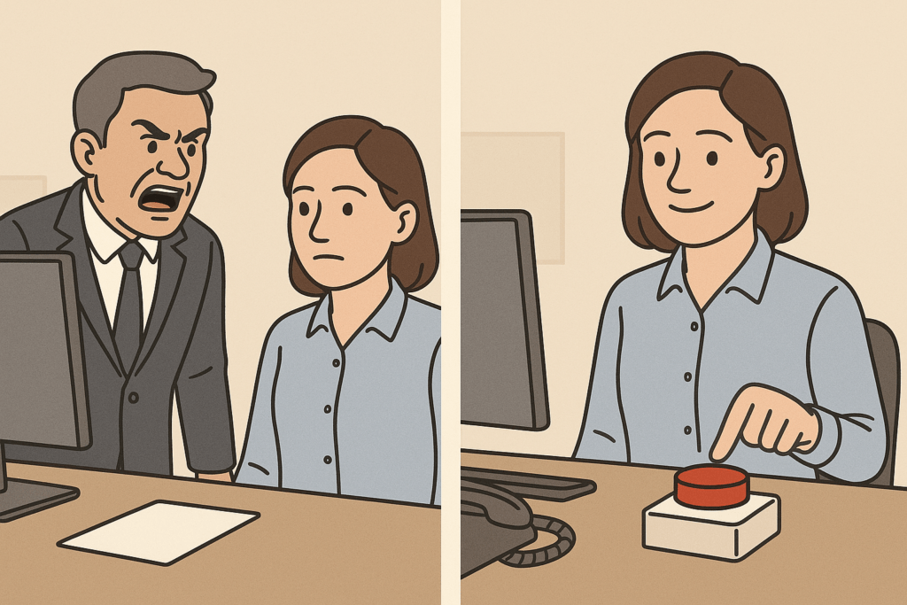 2 Personen sprechen miteinander. Der Mann ist sichtlich verärgert. Am zweiten Bild drückt die Frau auf einen Knopf und legt den Schalter um: von der Sachebene auf die emotionale Ebene im Gespräch - sie zeigt Verständnis.