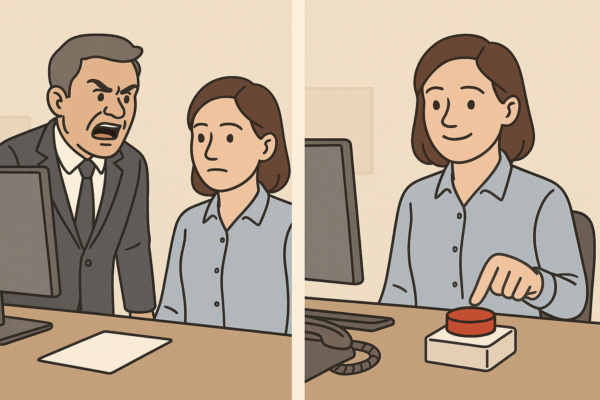 2 Personen sprechen miteinander. Der Mann ist sichtlich verärgert. Am zweiten Bild drückt die Frau auf einen Knopf und legt den Schalter um: von der Sachebene auf die emotionale Ebene im Gespräch - sie zeigt Verständnis.