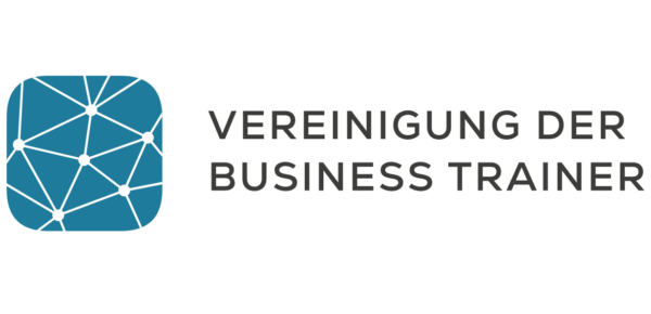 Logo der Vereinigung der Business Trainer: Ein stilisiertes Netzwerk aus weißen Punkten und Linien auf blauem Hintergrund, daneben der Schriftzug ‚Vereinigung der Business Trainer‘.