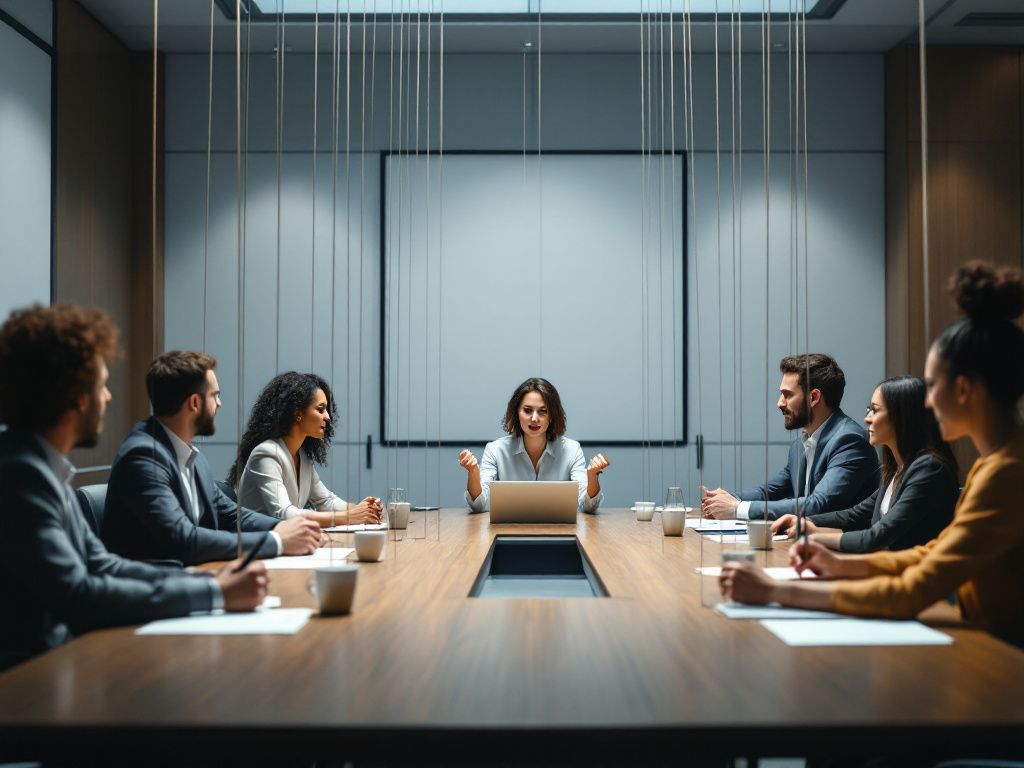 Sozialer Druck im Team symbolisiert durch: Moderner Konferenzraum mit Profis an einem Tisch. Unsichtbare Fäden kontrollieren einige, eine Person wehrt sich. Kühle Farben, dramatisches Licht betonen den Kampf. Symbol für sozialen Druck in der Teamarbeit.
