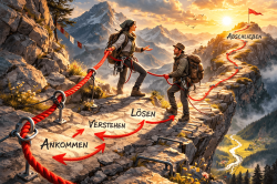 Roter Faden dient als Orientierung und Haltegriff am Berg. Symbolisiert den roten Faden in einem schwierigen Telefongespräch.